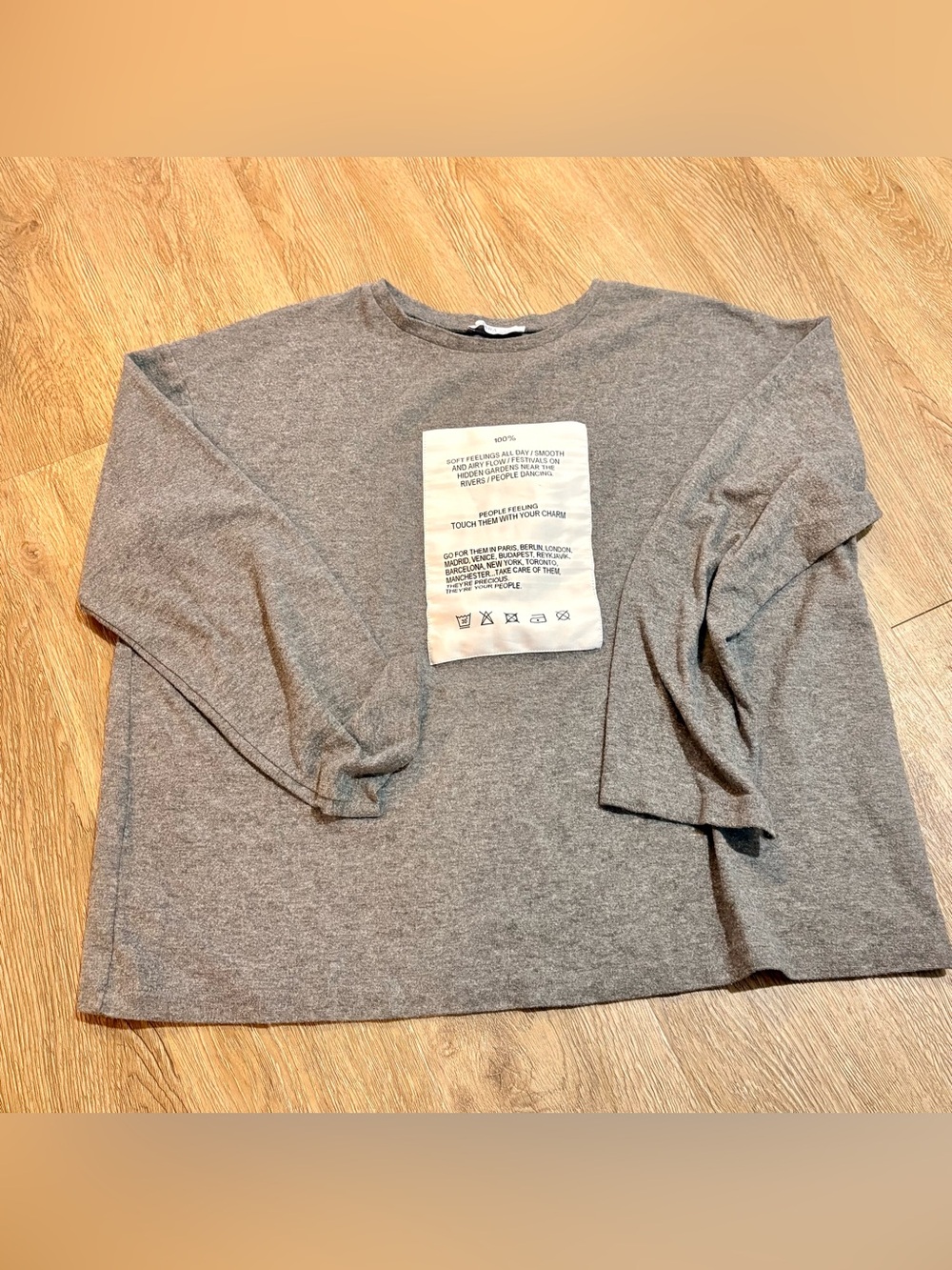 Zara women’s oversized Gray Long-Sleeve Crewneck Shirt with White Front Patch